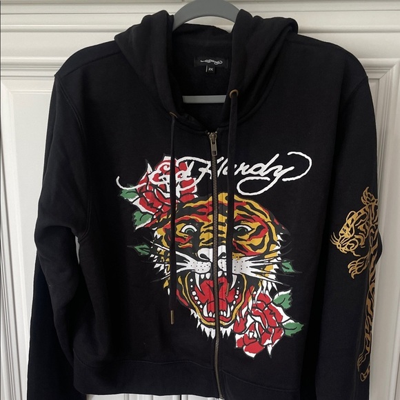Ed Hardy Tops - Ed Hardy tiger Women's zip Up cropped Hoodie sweatshirt black size 2X